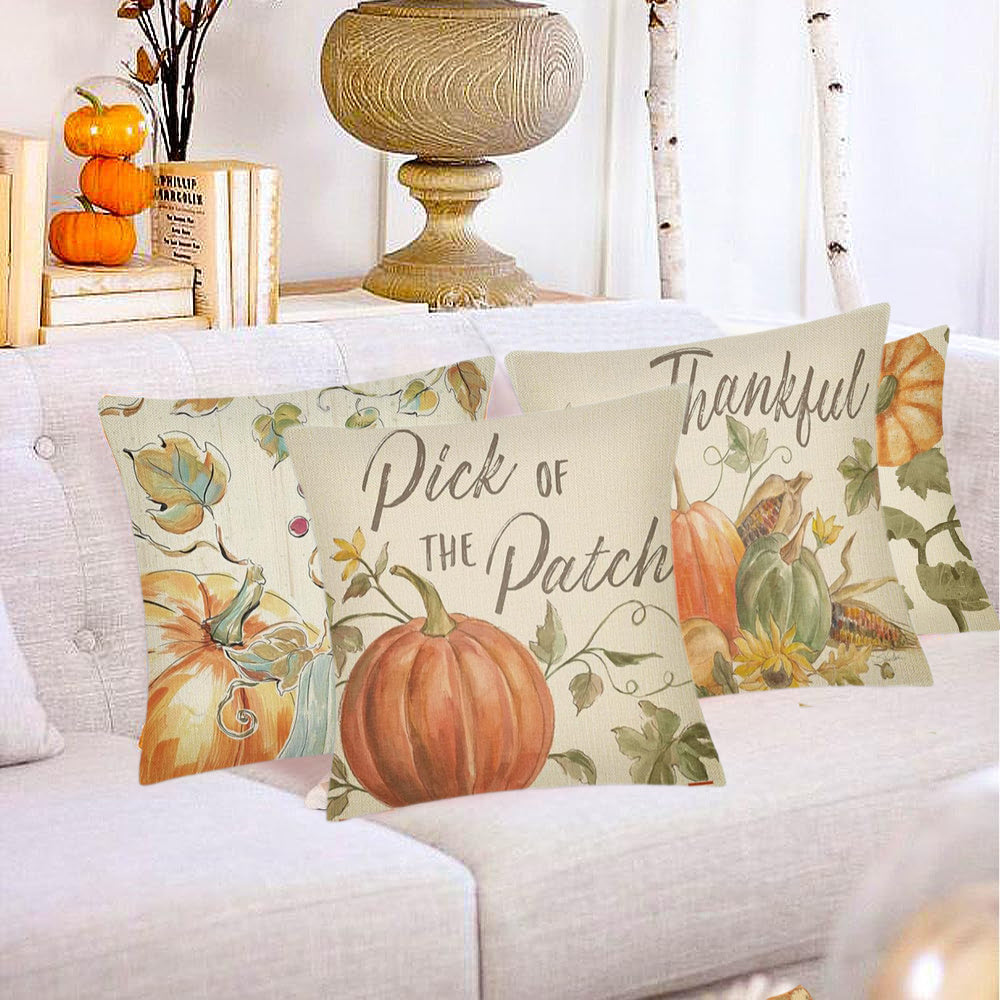 4Pcs Thanksgiving Fall Throw Pillows Cushion Case 18x18in Set Of 4 Pumpkin Watercolor Farmhouse Pillowcase For Thanksgiving Day Harvest Festival Party Autumn Home Sofa Couch Bed Chair