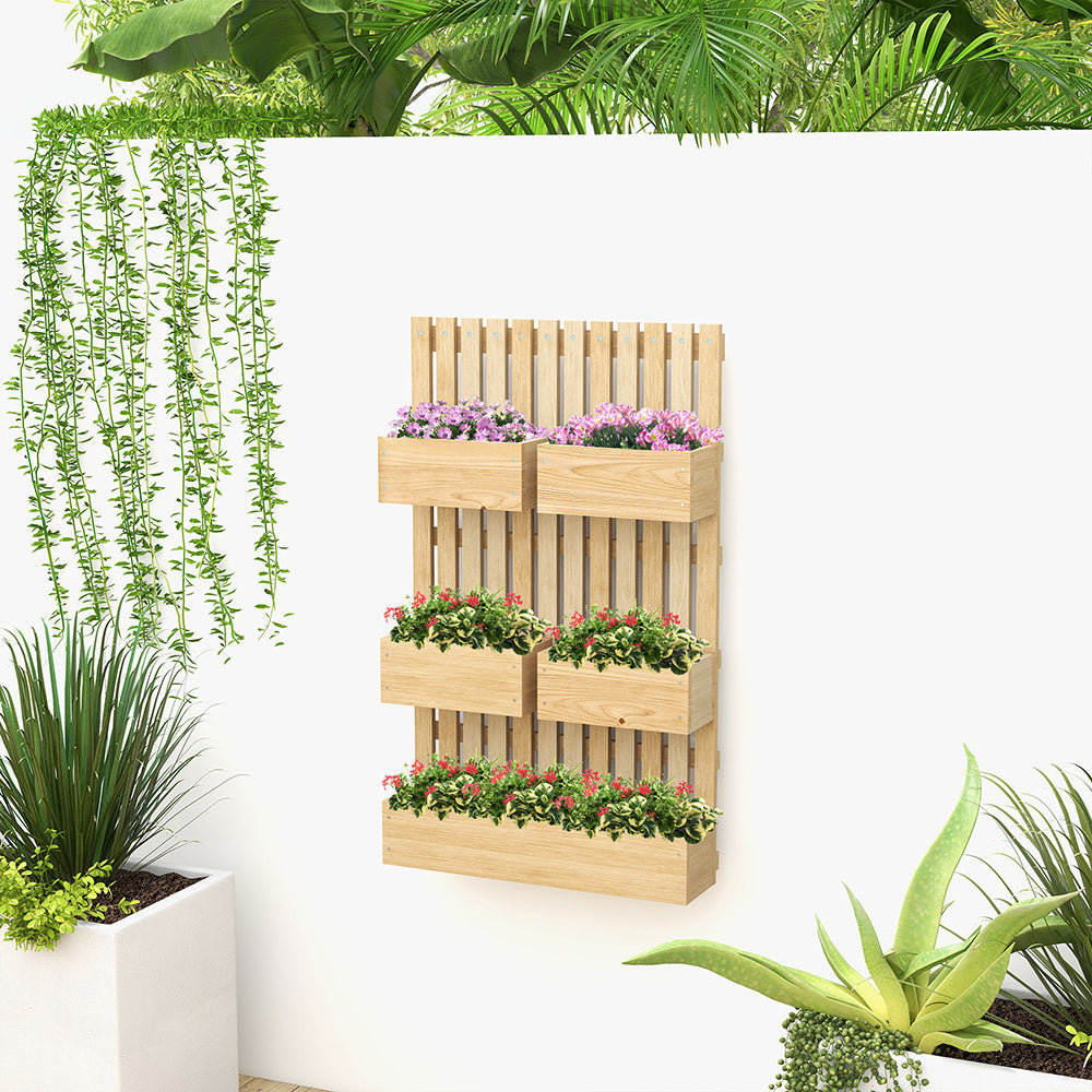 5 Box Raised Garden Bed Trellis For Climbing Plants, Wall-Mounted Wood Planters Drainage Holes, Natural
