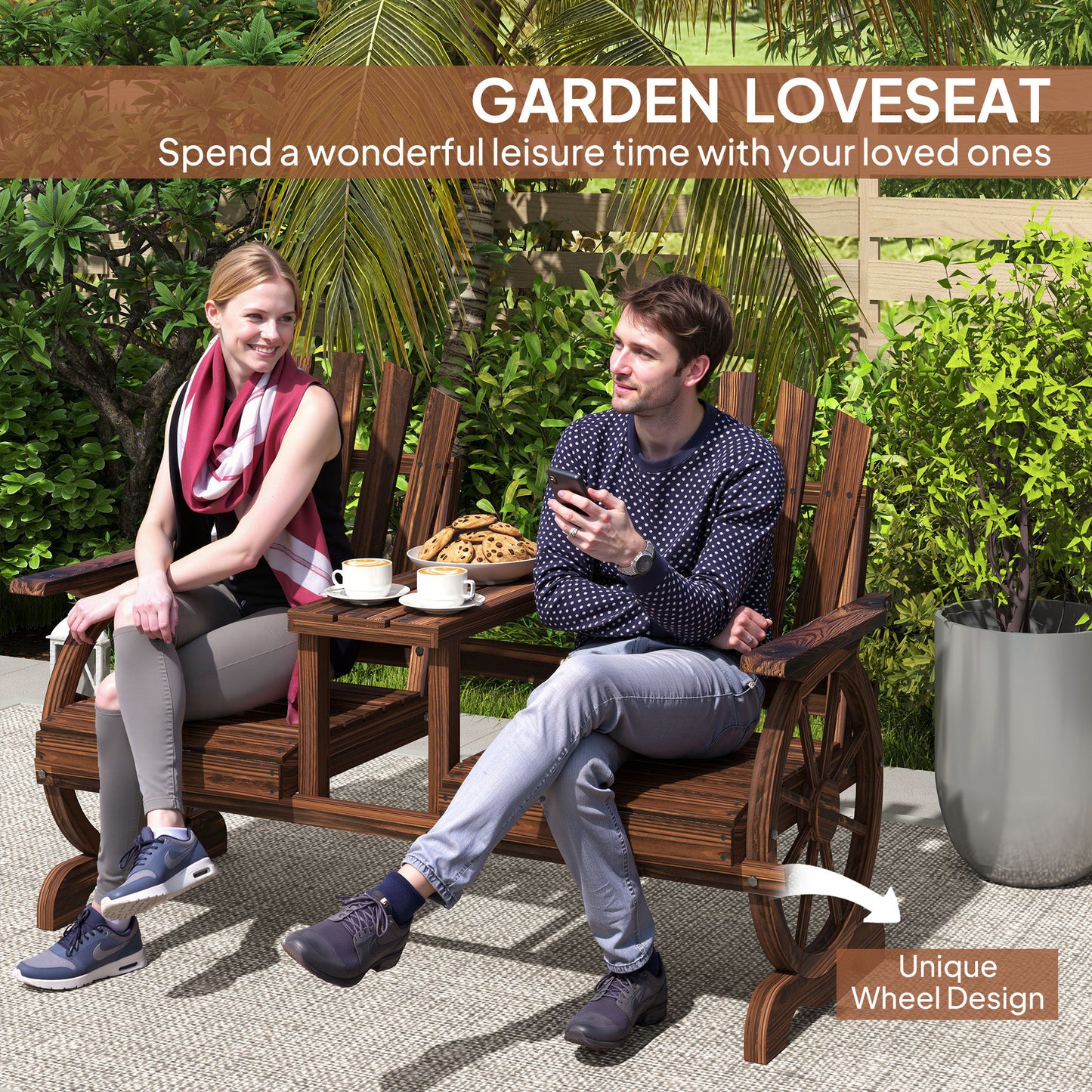 2-Seat Wooden Garden Bench With Table, Umbrella Hole, High Backrest, Armrests For Backyard, Patio, Garden, Carbonized