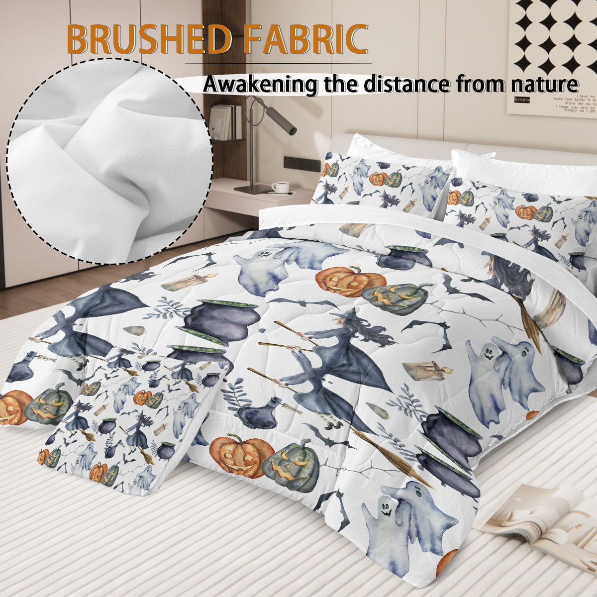 8 Pieces Halloween Comforter Set, Witch Pattern Bed In A Bag Bedding With Comforter Sheet Sham - 1 Comforter, 2 Pillow Shams, 1 Flat Sheet, 1 Fitted Sheet, 1 Cushion Cover, 2 Pillowcases