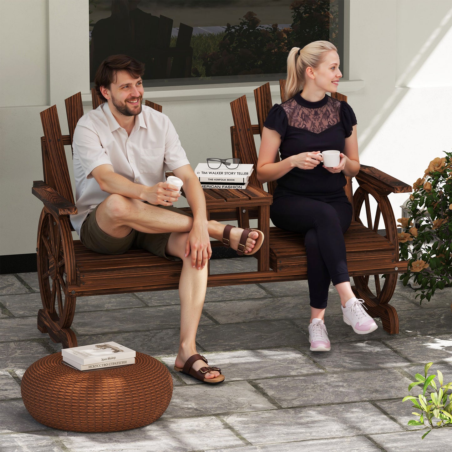 2-Seat Wooden Garden Bench With Table, Umbrella Hole, High Backrest, Armrests For Backyard, Patio, Garden, Carbonized