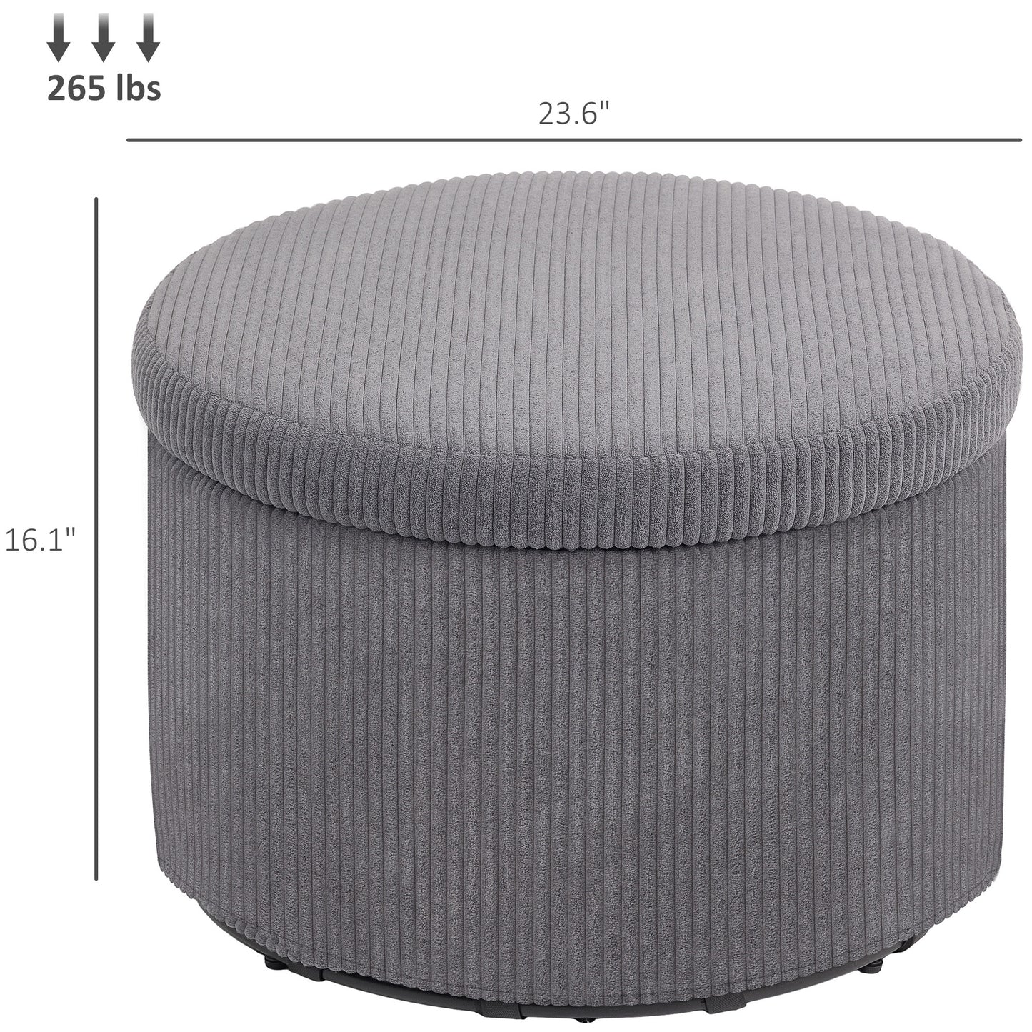 24 Inches Round Storage Ottoman Stool With Lid, Upholstered Corduroy Foot Rest For Living Room, Bedroom, Gray