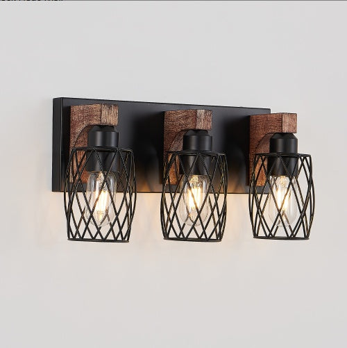 18 Industrial Vintage 3-Light Wall Sconce - Black Cage Wall Lighting Fixture With Wooden Accents For Bathroom, Hallway, Or Living Room Bulb Not Included