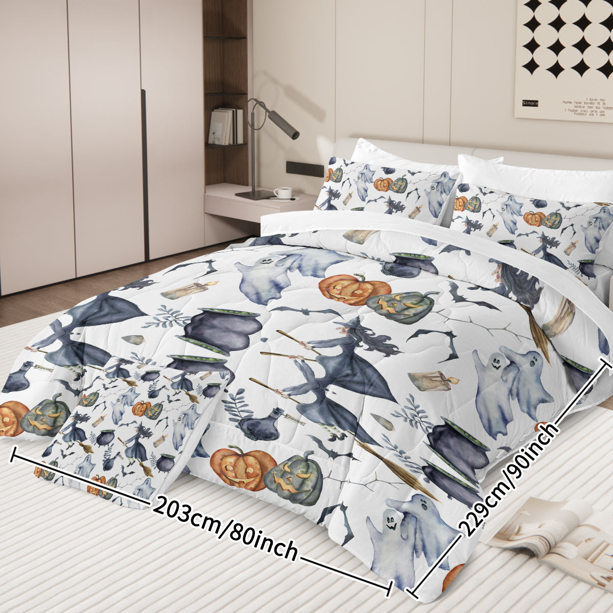 8 Pieces Halloween Comforter Set, Witch Pattern Bed In A Bag Bedding With Comforter Sheet Sham - 1 Comforter, 2 Pillow Shams, 1 Flat Sheet, 1 Fitted Sheet, 1 Cushion Cover, 2 Pillowcases
