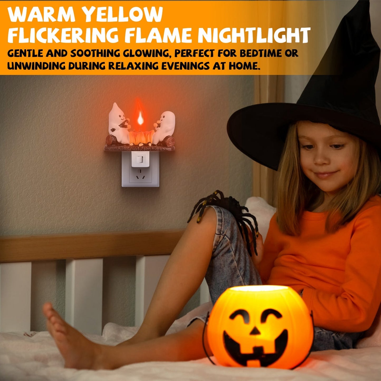 2Pcs Ghost Campfire Flickering Flame Night Light Indoor 3D Funny Halloween Nightlight Decoration Bedroom Night Light Halloween Decoration Gift For Friend Family