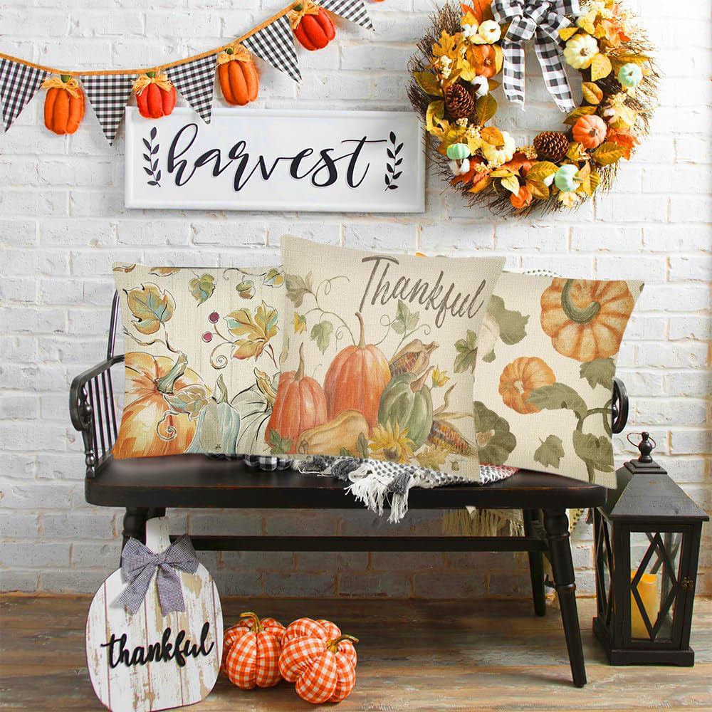 4Pcs Thanksgiving Fall Throw Pillows Cushion Case 18x18in Set Of 4 Pumpkin Watercolor Farmhouse Pillowcase For Thanksgiving Day Harvest Festival Party Autumn Home Sofa Couch Bed Chair