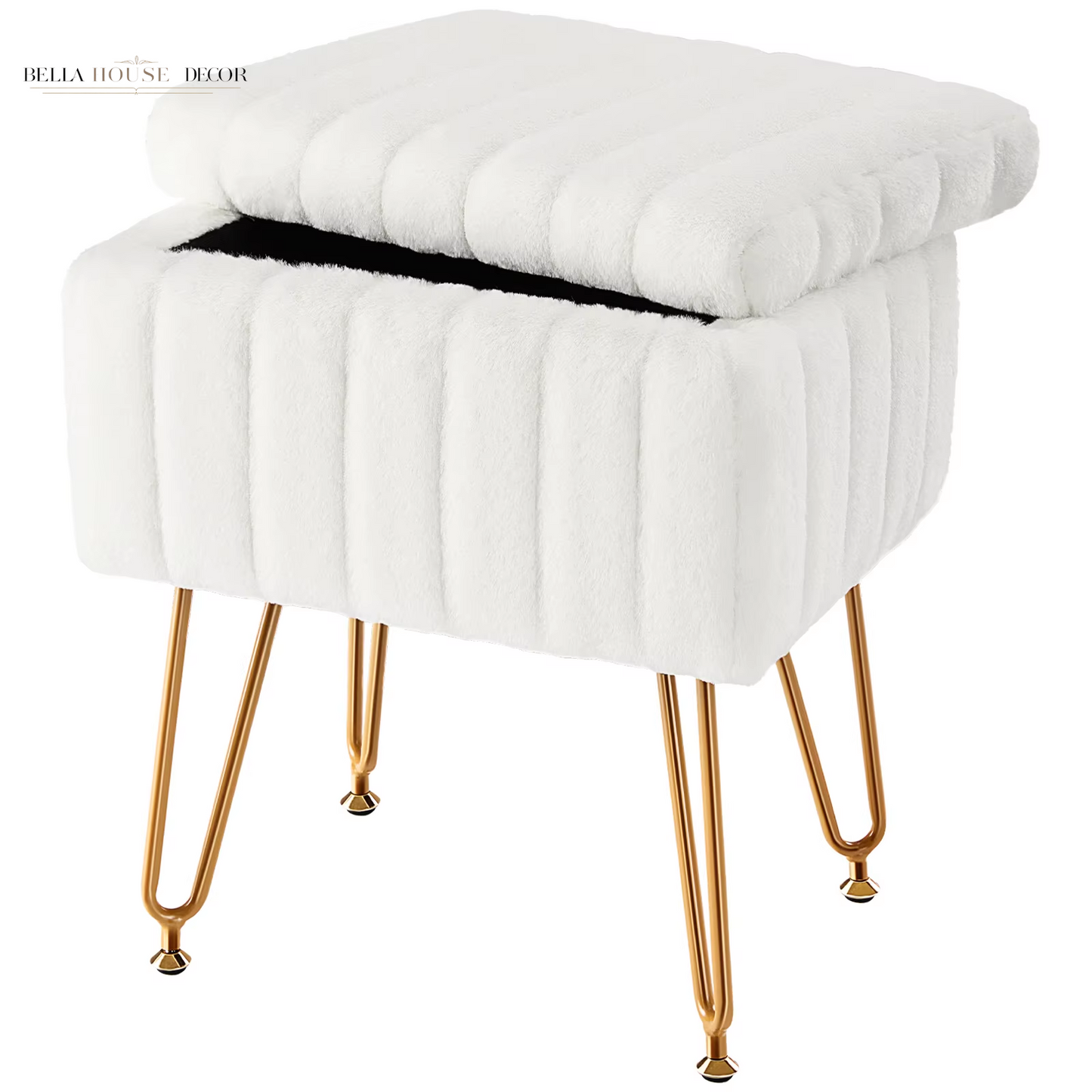 Faux Fur Living Room Hidden Storage Stools & Ottomans Padded Makeup with 4 Metal Legs Anti-Slip Adjustable Feet for Home