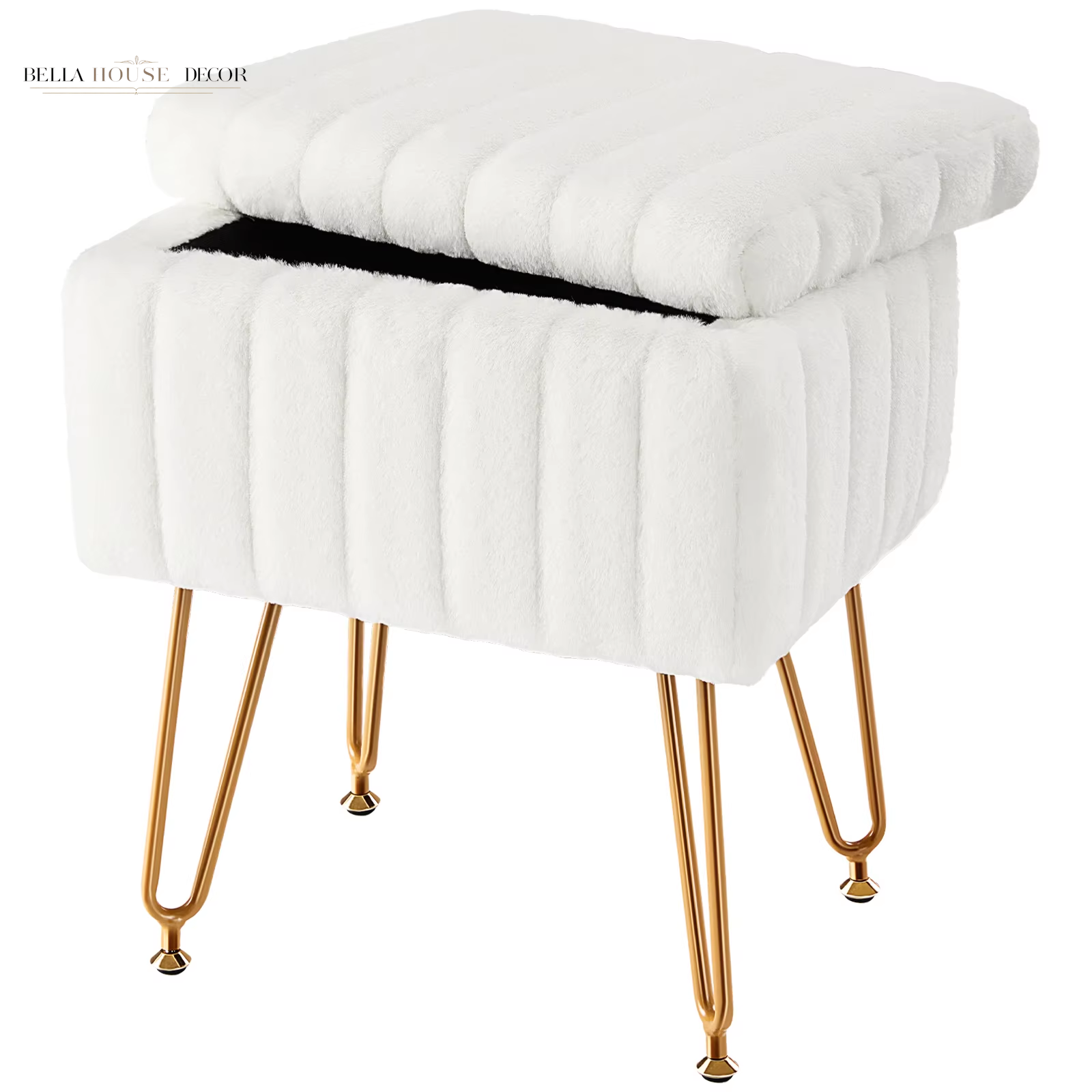Faux Fur Living Room Hidden Storage Stools & Ottomans Padded Makeup with 4 Metal Legs Anti-Slip Adjustable Feet for Home