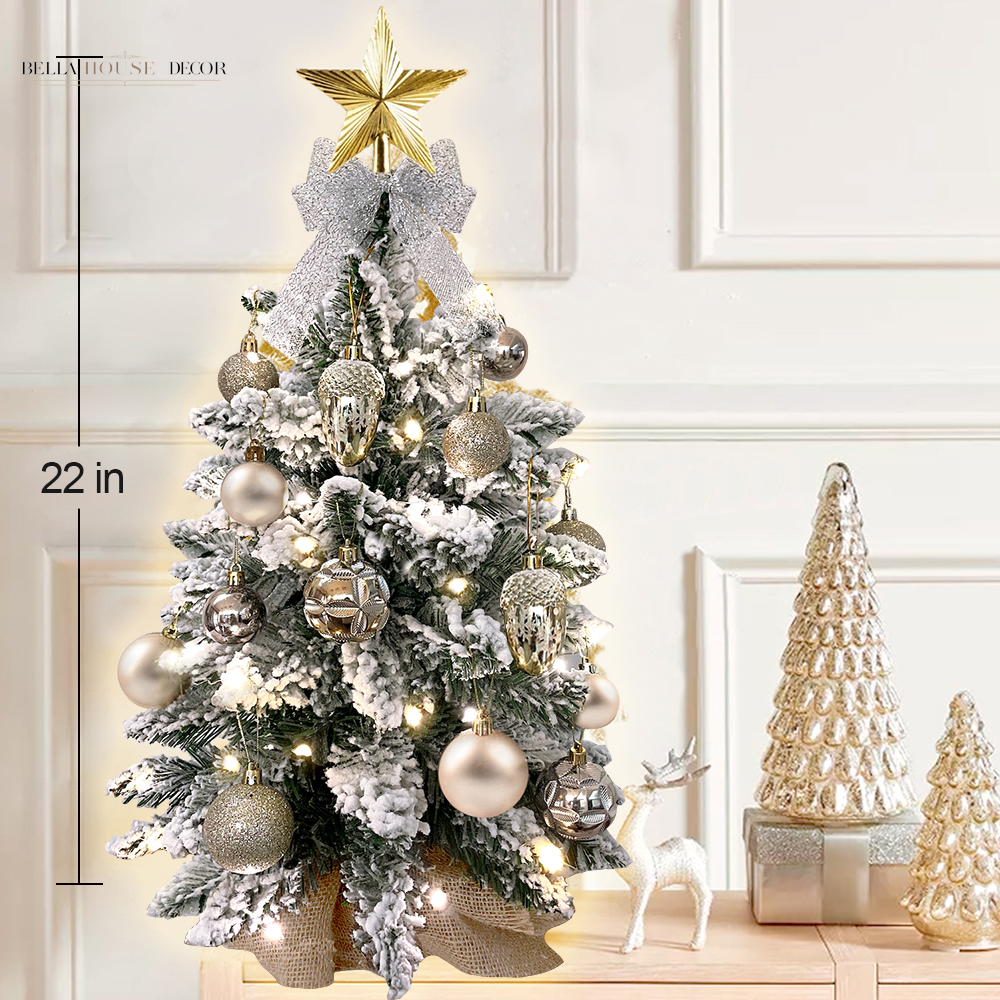 2Ft Mini Christmas Tree with Light Artificial Small Tabletop Christmas Decoration with Flocked Snow, Exquisite Decor & Xmas Ornaments for Table Top for Home & Office, Rose Gold