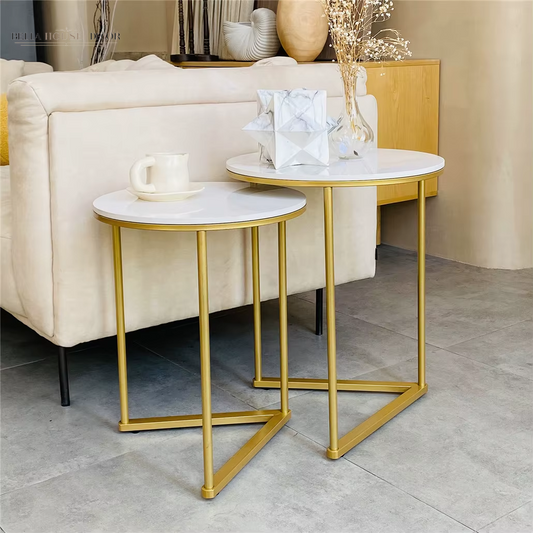 Modern round Marble Metal Base Nesting Set Side Accent Table Living Room Storage Small End Table, Set of 2, Marble and Gold