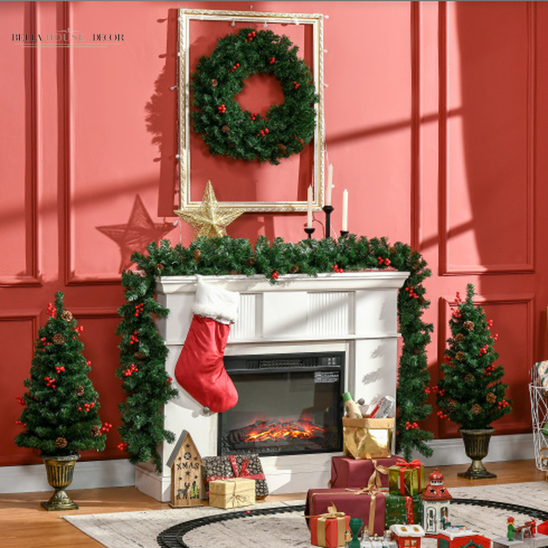 HOMCOM Prelit Holiday Christmas 4-Piece Set, Garland Wreath and Set of 2 Entrance Trees with Warm White LED Lights, Red Berries, Pine Cones, Green