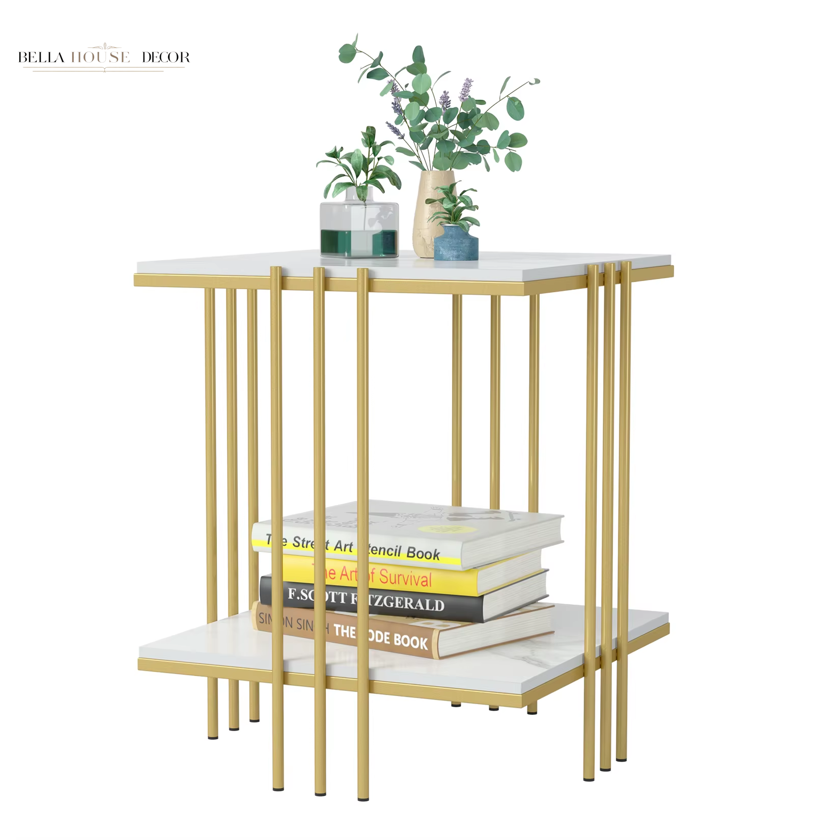 Marble Top Side Table Gold 2 Tier Square White End Tables 44.5X44.5X55.5Cm Sintered Stone Marbles Tabletop Modern Small Bedside
