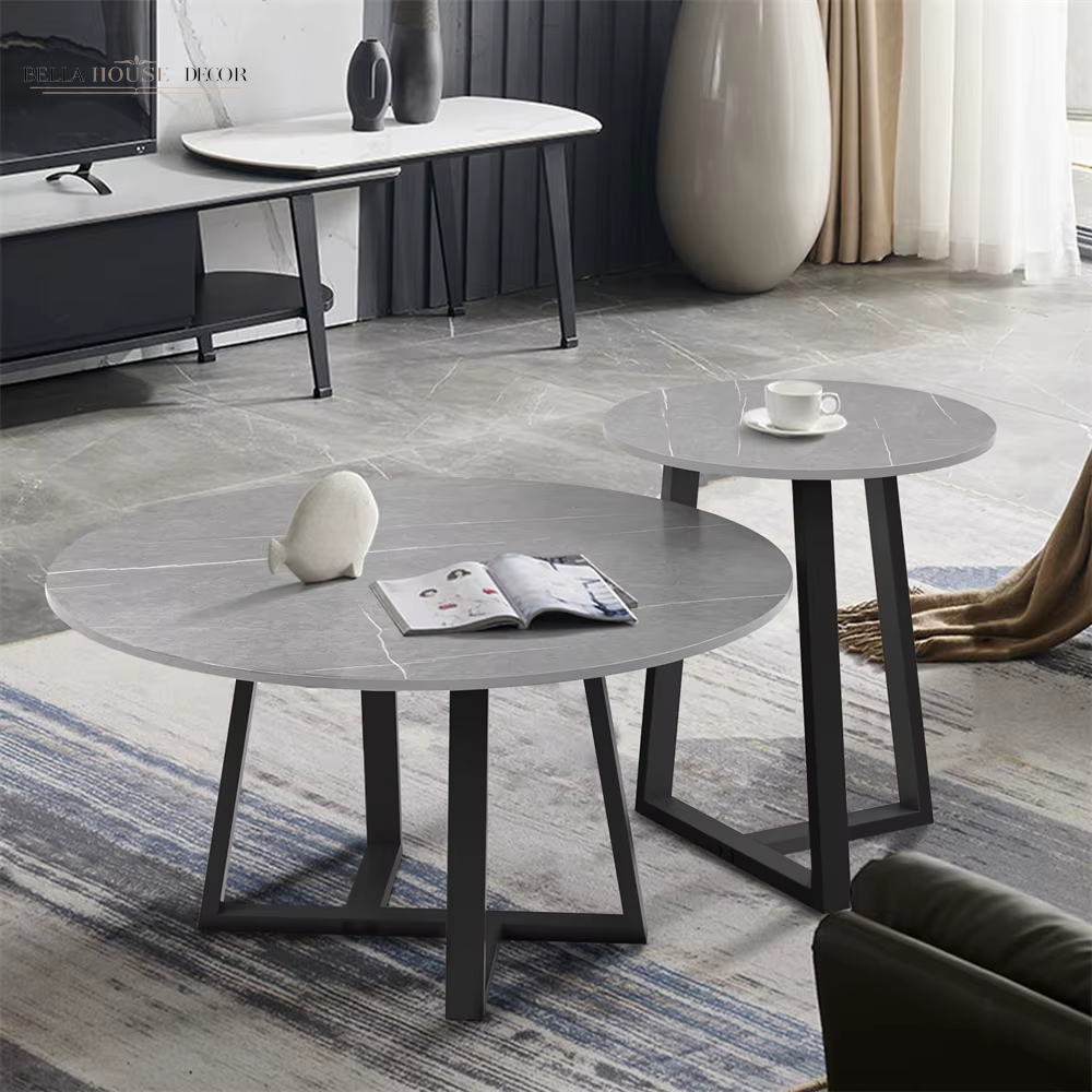 Round Modern Marble Nesting Coffee Set of 2, Stacking Living Room Accent Tables Furniture Sintered Stone Tabletop End Table