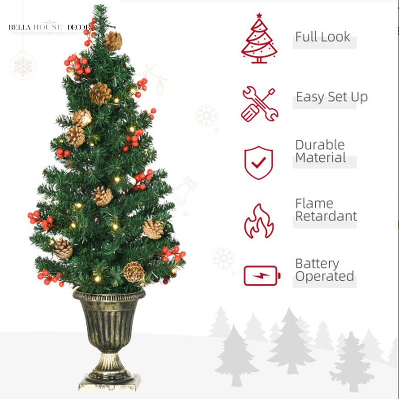 HOMCOM Prelit Holiday Christmas 4-Piece Set, Garland Wreath and Set of 2 Entrance Trees with Warm White LED Lights, Red Berries, Pine Cones, Green
