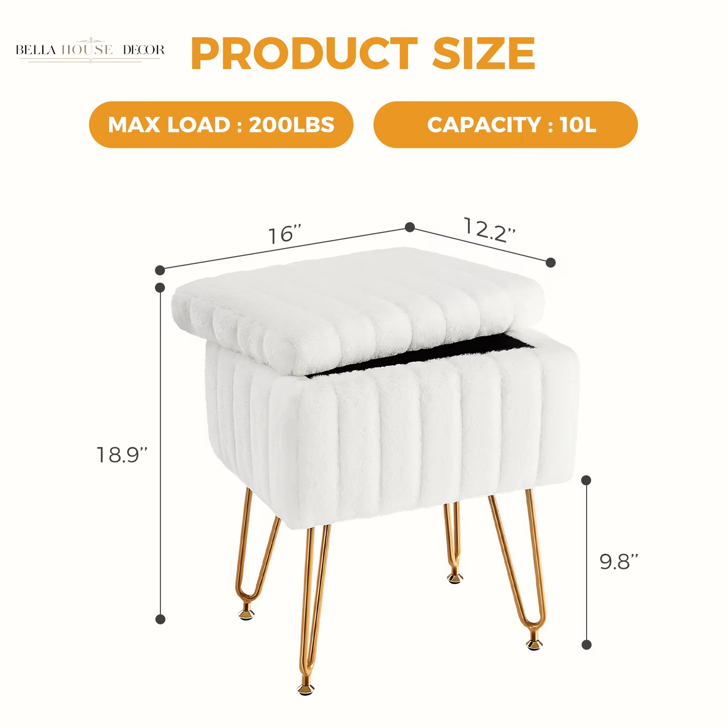 Faux Fur Living Room Hidden Storage Stools & Ottomans Padded Makeup with 4 Metal Legs Anti-Slip Adjustable Feet for Home