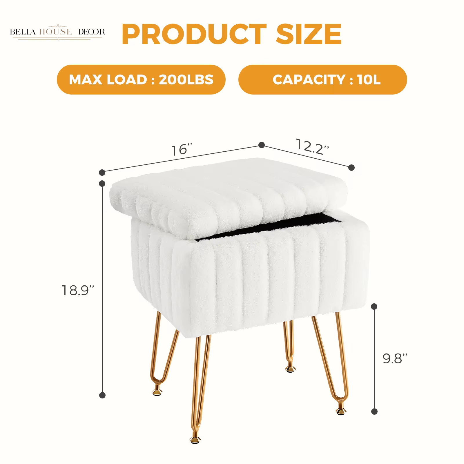 Faux Fur Living Room Hidden Storage Stools & Ottomans Padded Makeup with 4 Metal Legs Anti-Slip Adjustable Feet for Home