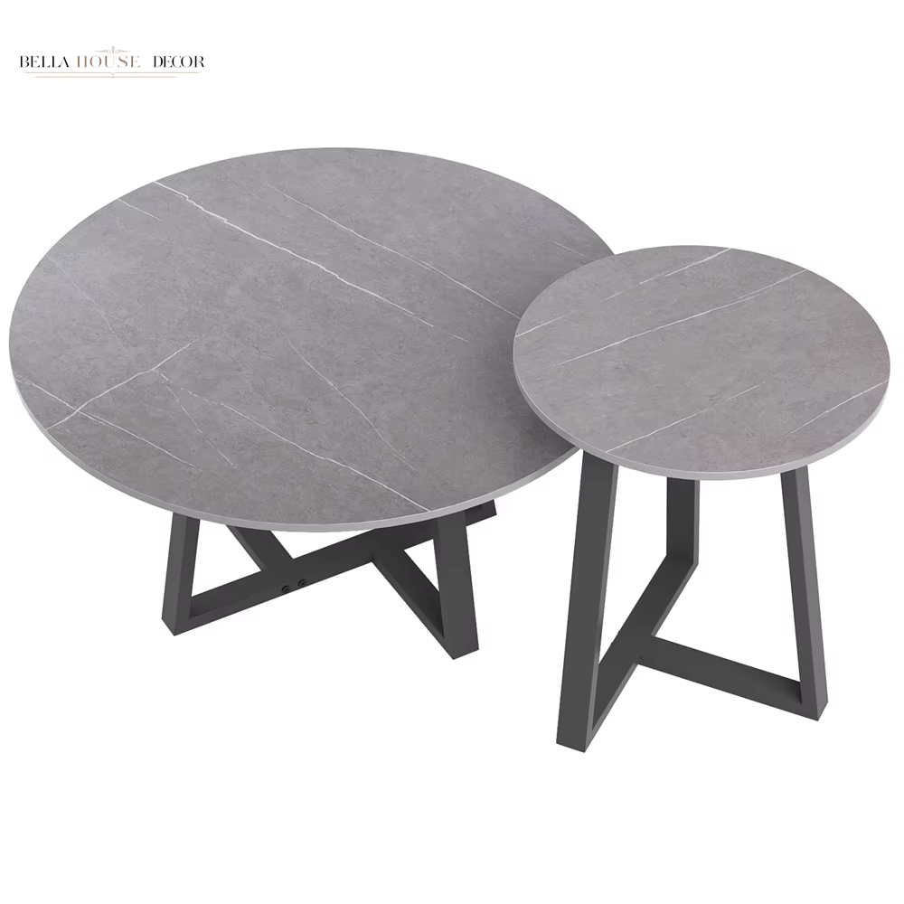 Round Modern Marble Nesting Coffee Set of 2, Stacking Living Room Accent Tables Furniture Sintered Stone Tabletop End Table