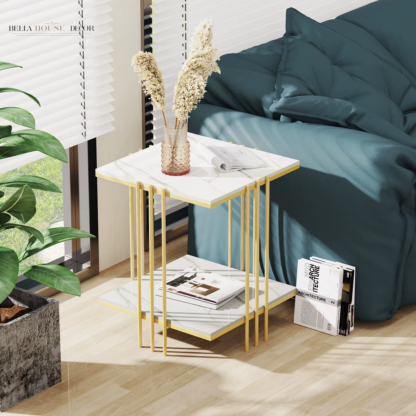 Marble Top Side Table Gold 2 Tier Square White End Tables 44.5X44.5X55.5Cm Sintered Stone Marbles Tabletop Modern Small Bedside