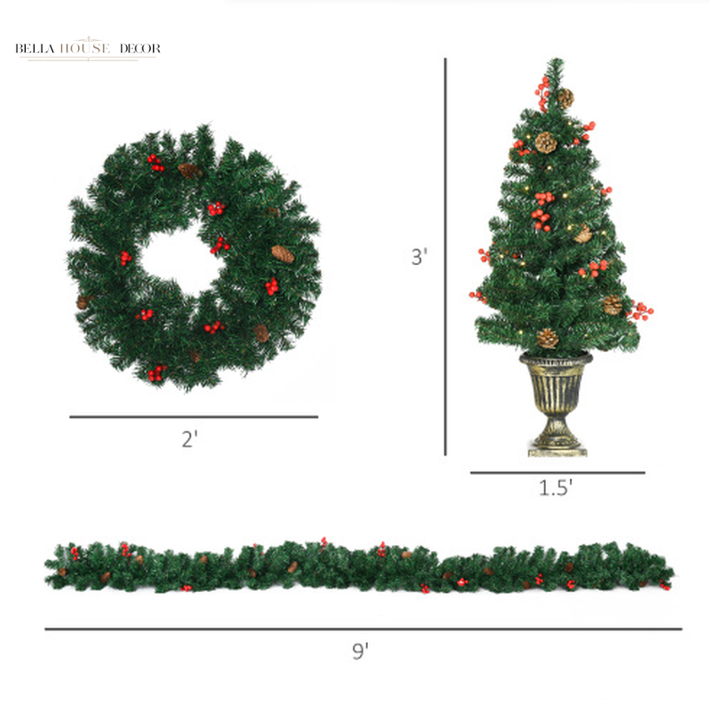 HOMCOM Prelit Holiday Christmas 4-Piece Set, Garland Wreath and Set of 2 Entrance Trees with Warm White LED Lights, Red Berries, Pine Cones, Green