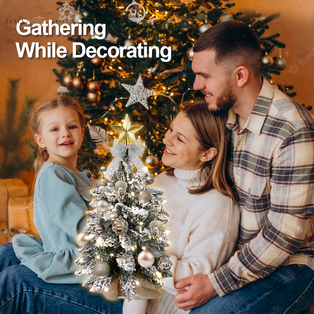 2Ft Mini Christmas Tree with Light Artificial Small Tabletop Christmas Decoration with Flocked Snow, Exquisite Decor & Xmas Ornaments for Table Top for Home & Office, Rose Gold