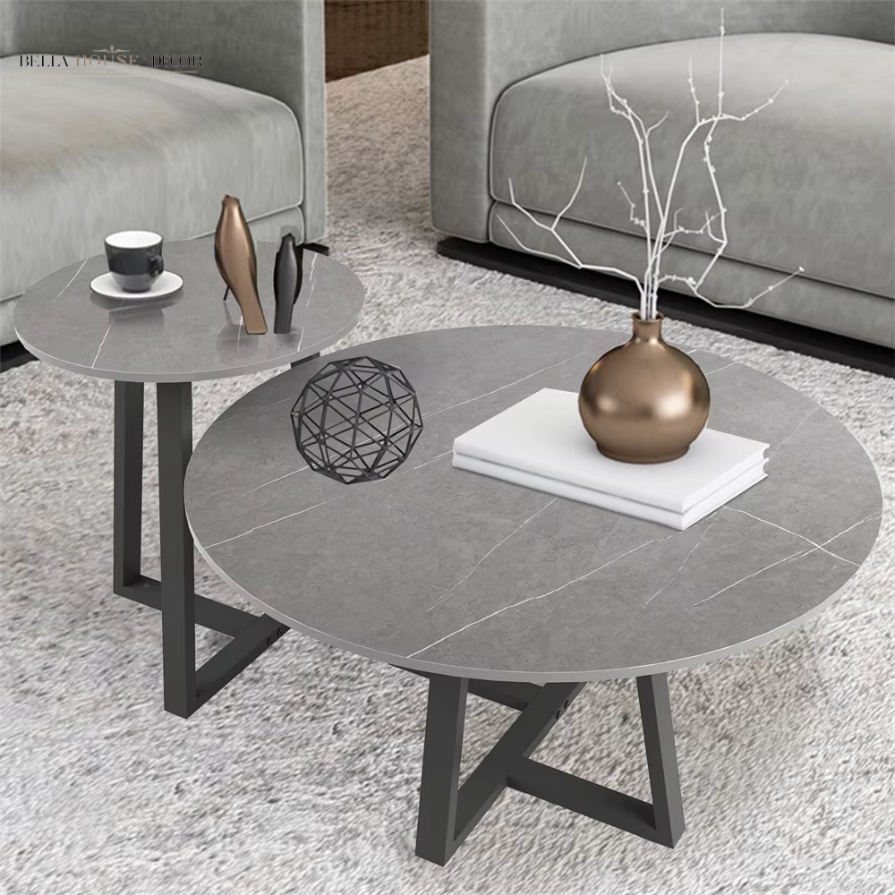 Round Modern Marble Nesting Coffee Set of 2, Stacking Living Room Accent Tables Furniture Sintered Stone Tabletop End Table