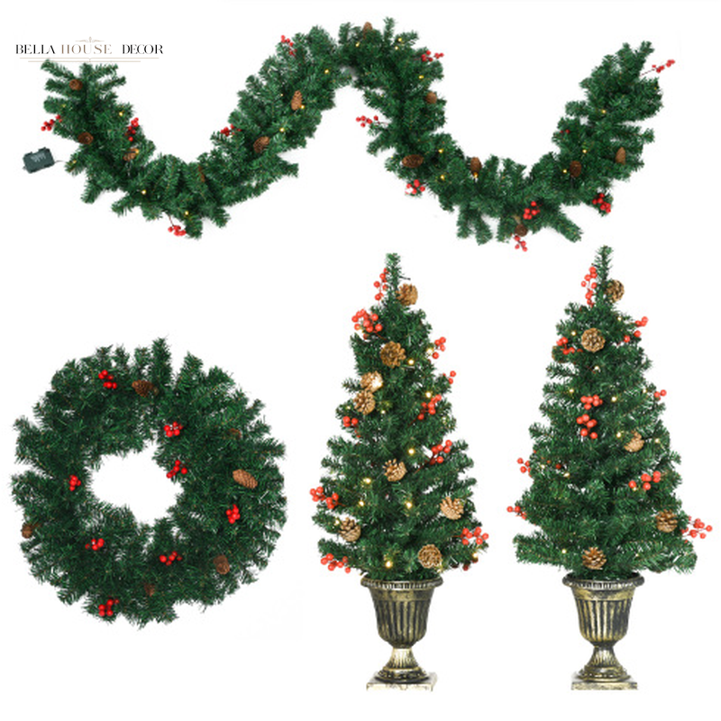 HOMCOM Prelit Holiday Christmas 4-Piece Set, Garland Wreath and Set of 2 Entrance Trees with Warm White LED Lights, Red Berries, Pine Cones, Green