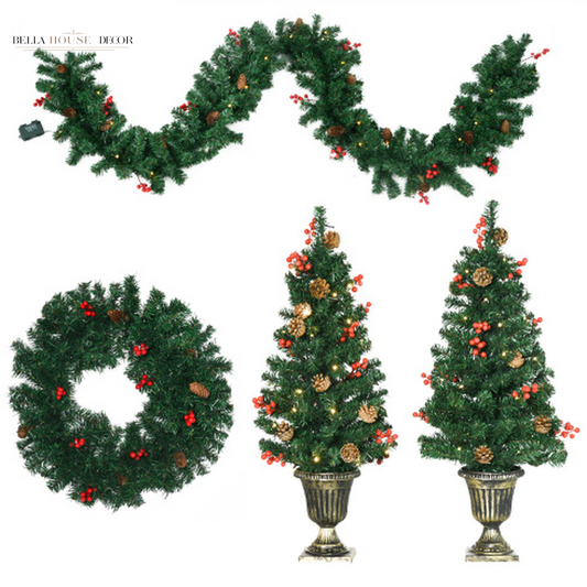 HOMCOM Prelit Holiday Christmas 4-Piece Set, Garland Wreath and Set of 2 Entrance Trees with Warm White LED Lights, Red Berries, Pine Cones, Green