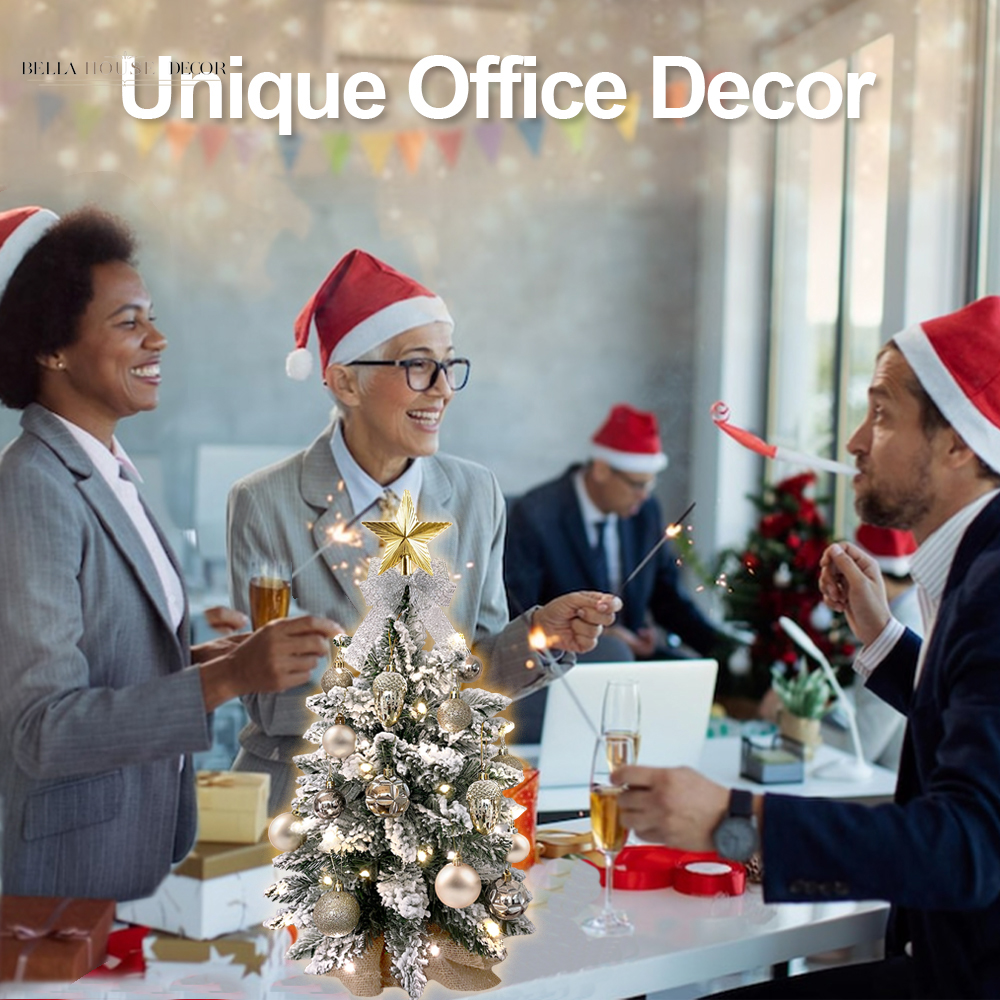 2Ft Mini Christmas Tree with Light Artificial Small Tabletop Christmas Decoration with Flocked Snow, Exquisite Decor & Xmas Ornaments for Table Top for Home & Office, Rose Gold