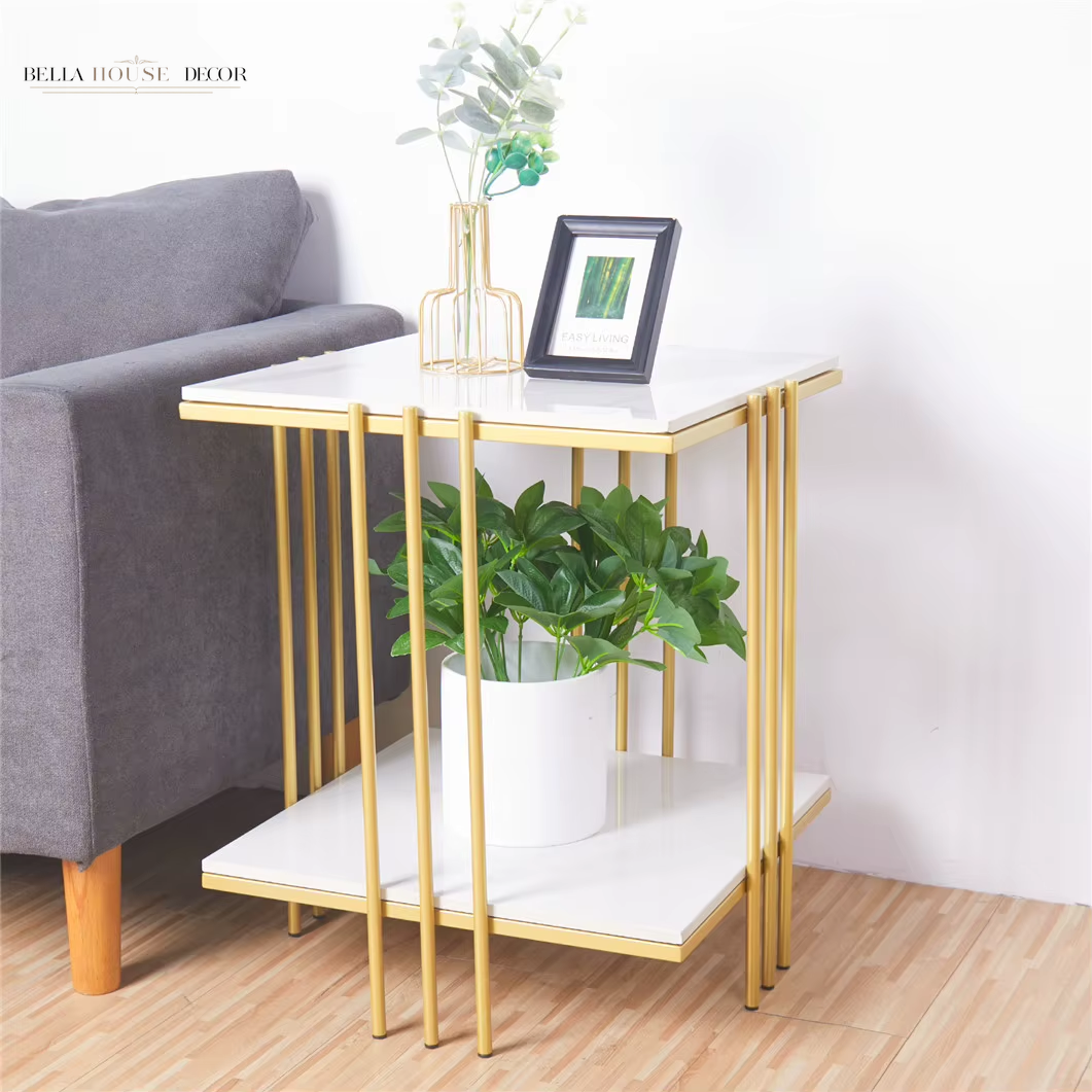 Marble Top Side Table Gold 2 Tier Square White End Tables 44.5X44.5X55.5Cm Sintered Stone Marbles Tabletop Modern Small Bedside