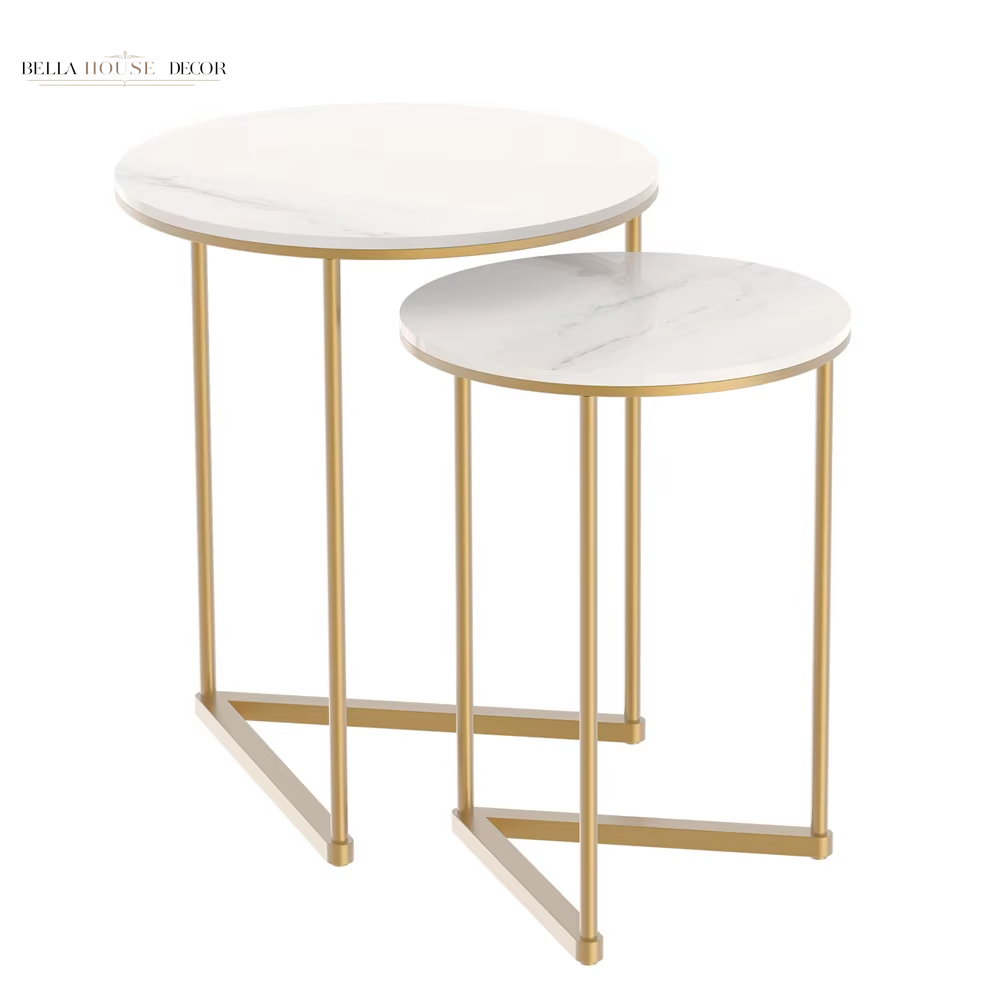 Modern round Marble Metal Base Nesting Set Side Accent Table Living Room Storage Small End Table, Set of 2, Marble and Gold