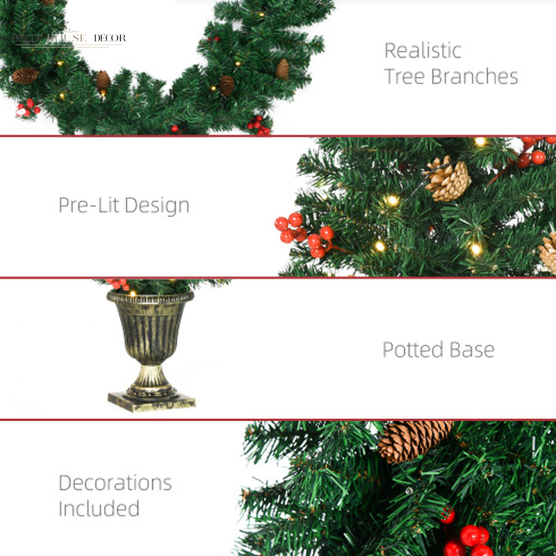 HOMCOM Prelit Holiday Christmas 4-Piece Set, Garland Wreath and Set of 2 Entrance Trees with Warm White LED Lights, Red Berries, Pine Cones, Green