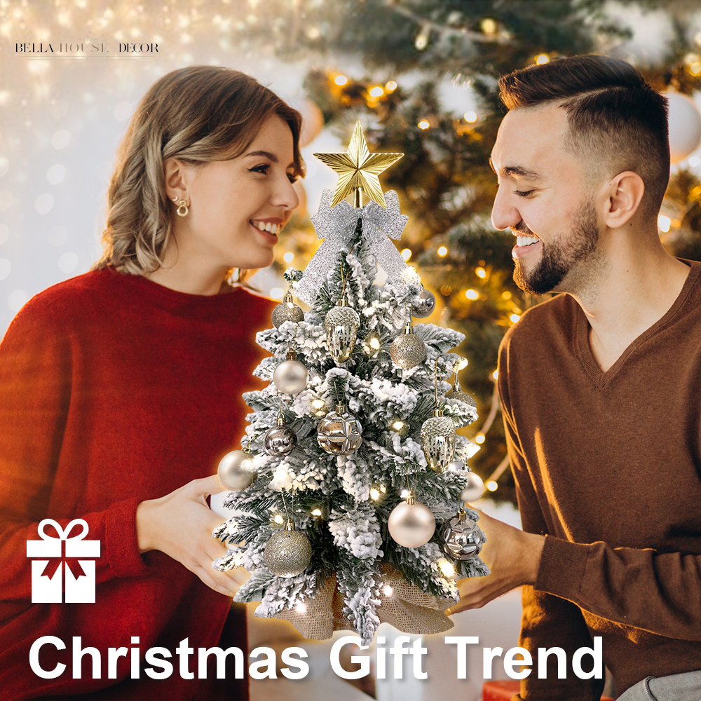 2Ft Mini Christmas Tree with Light Artificial Small Tabletop Christmas Decoration with Flocked Snow, Exquisite Decor & Xmas Ornaments for Table Top for Home & Office, Rose Gold