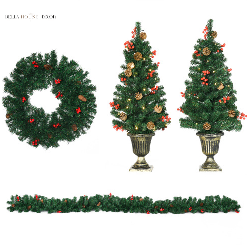 HOMCOM Prelit Holiday Christmas 4-Piece Set, Garland Wreath and Set of 2 Entrance Trees with Warm White LED Lights, Red Berries, Pine Cones, Green
