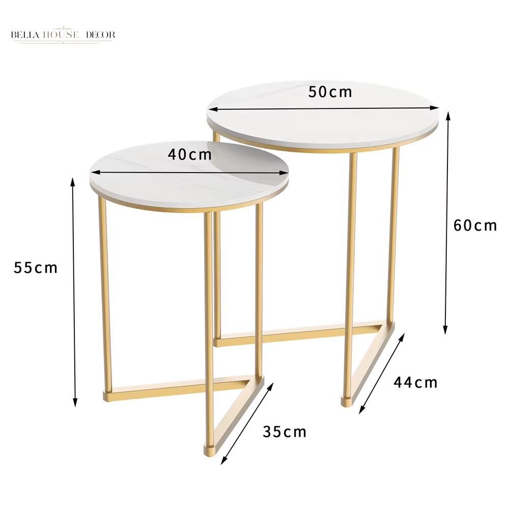 Modern round Marble Metal Base Nesting Set Side Accent Table Living Room Storage Small End Table, Set of 2, Marble and Gold