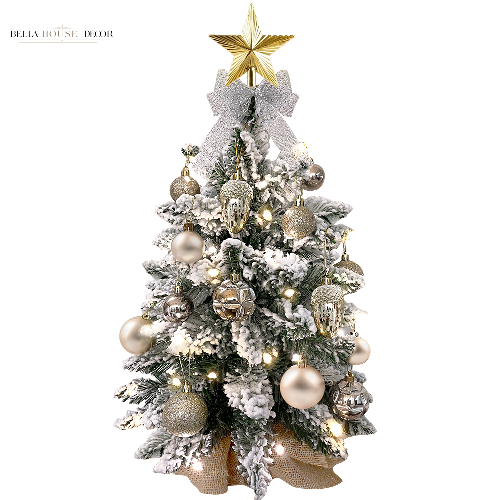 2Ft Mini Christmas Tree with Light Artificial Small Tabletop Christmas Decoration with Flocked Snow, Exquisite Decor & Xmas Ornaments for Table Top for Home & Office, Rose Gold