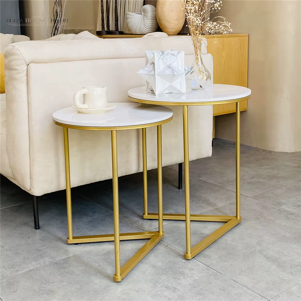 Modern round Marble Metal Base Nesting Set Side Accent Table Living Room Storage Small End Table, Set of 2, Marble and Gold