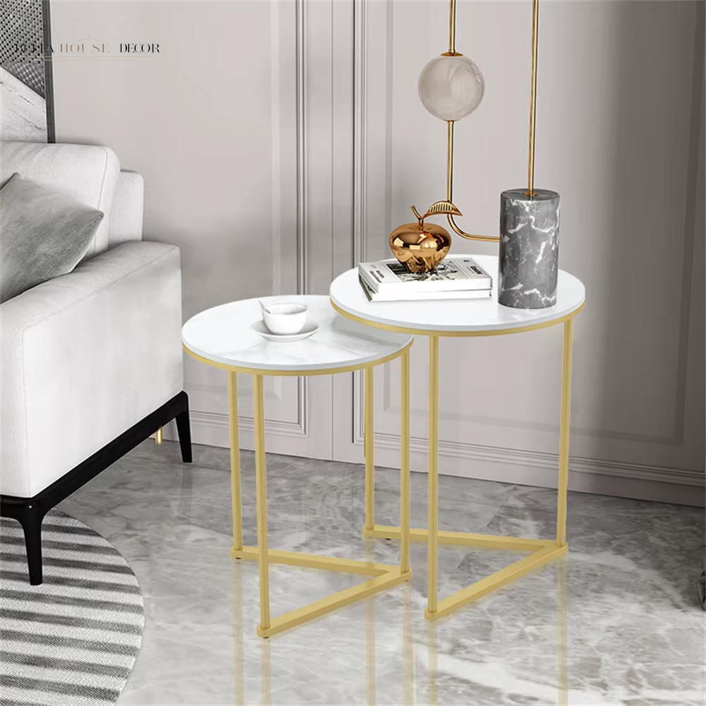 Modern round Marble Metal Base Nesting Set Side Accent Table Living Room Storage Small End Table, Set of 2, Marble and Gold