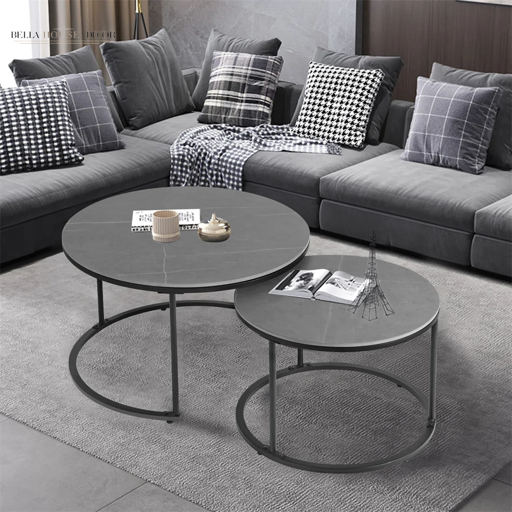 Modern Nesting round Grey Marble Top Coffee Table Set Sintered Stone Table Metal Legs Home Furniture