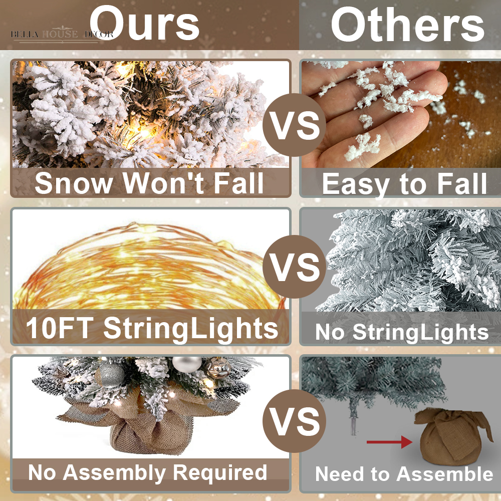 2Ft Mini Christmas Tree with Light Artificial Small Tabletop Christmas Decoration with Flocked Snow, Exquisite Decor & Xmas Ornaments for Table Top for Home & Office, Rose Gold